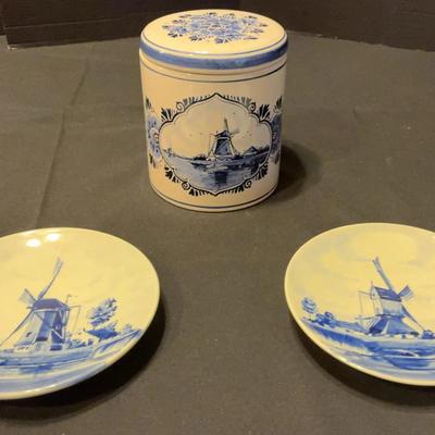 Sale Photo Thumbnail #85: Handcrafted Delft Blue Holland Pottery Set – 2 Plates & 1 Lidded Jar