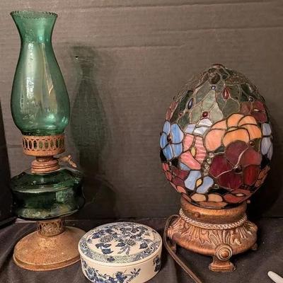 Sale Photo Thumbnail #82: Lot of Vintage & Decorative Home Accents – Oil Lamp, Tiffany-Style Lamp, and Porcelain Tiffany Box