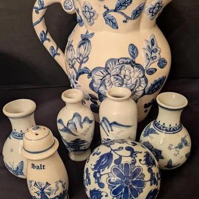 Sale Photo Thumbnail #3: Delft Blue Ceramic Pitcher  & Miniature Vase Collection 