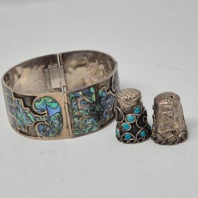 Sterling Mexico Panel Bracelet & Two Sterling Thimbles