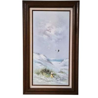Serene Beach Scene Oil on Canvas - Signed