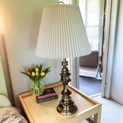 Pillar-Style Brass Table Lamp with Pleated Shade