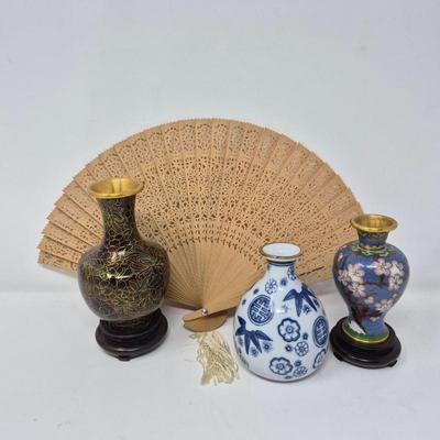 Small Chinese Bud Vases & Wooden Cut Out Fan