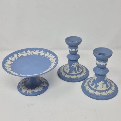 Blue Wedgwood Candlestick Holders & Pedestal Compote Dish