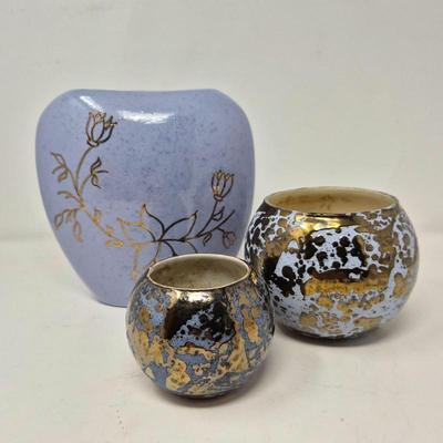 Periwinkle Blue Glazed Ceramic Vases with Gold Accents (3)