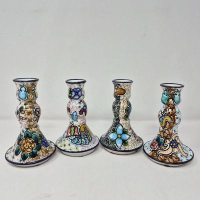 Set of Four Hand Painted Mexico Ceramic Candlestick Holders