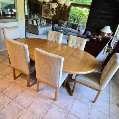 Solid Wood Dining Room Table & Six Plush Fabric Chairs