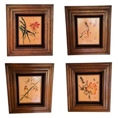 Set of Four Asian-Style Wood Paintings – Birds & Floral Motifs