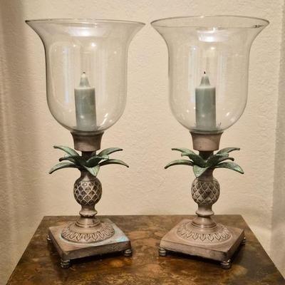 Pair of Hurricane Candleholders – Pineapple Motif, Metal & Glass
