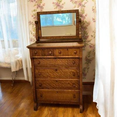 Beautiful Antique Wood Dresser with Beveled Mirror