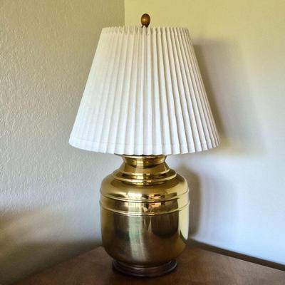 Large Brass Table Lamp with Pleated Shade – Wood Base & Finial