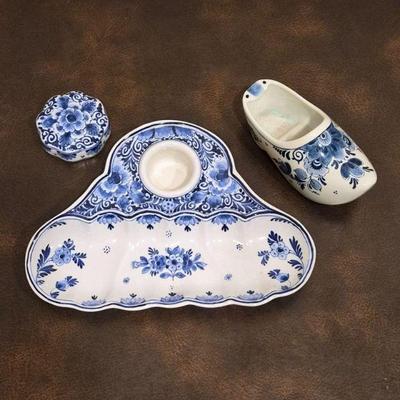 Holland Delft Duo: Scalloped Ink Well & Shoe Planter
