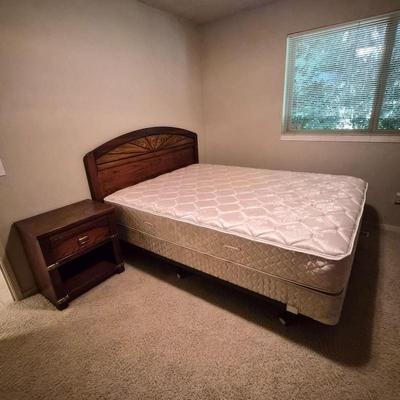 Queen Mattress, Dark Wood Headboard and Nightstand