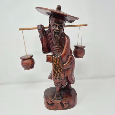 Chinese Water Carrier/Fisherman Carved Wood Sculpture - Cherry Finish