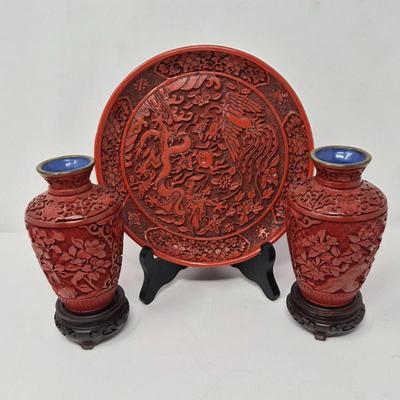 Crimson Echoes: Cinnabar-Style Plate & Bud Vase Trio