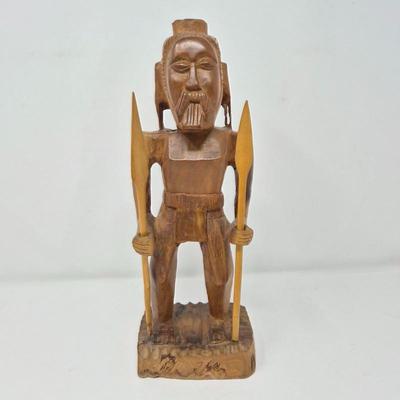 Wood Carved Chinese Man Sculpture with Spears
