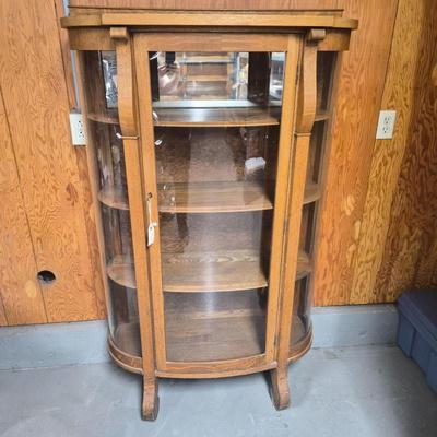 Antique Curved Glass Oak Curio Cabinet