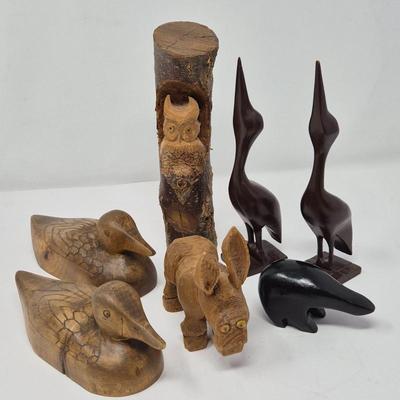 Nature Inspired Hand Carved Wooden Figures - Animals, Log Cabin