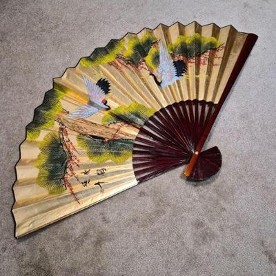 Asian Hand Painted Paper & Lacquered Fan Wall Decor
