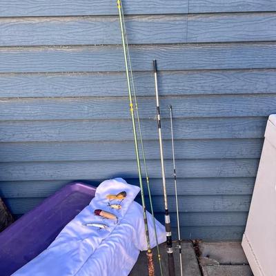 2 Fly Fishing Poles-1 w/ Reel, Vintage Wood Lures Variety 