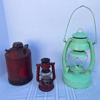 FeuerHand Germany Red Lantern, Artisan Gambles Green  Lantern, Old Gas Can w/ Lids