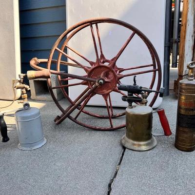 Antique Metal Fire Wheel & Fire Extinguisher, Clayton & Lambert Blow Torchs (2)