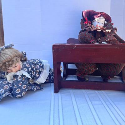 Porcelain Dolls Jester Pleated Outfit & Laying Down, Wood Doll Size Desk 