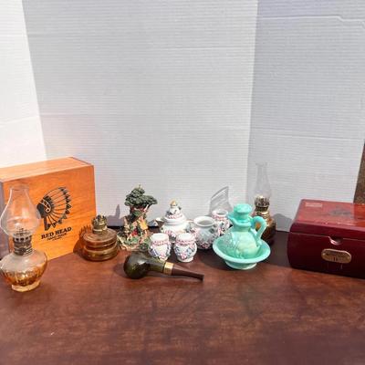 Redhead Gurkha Cigar Boxes (2), Glass Oil Lamps, Porcelain Flower Vases