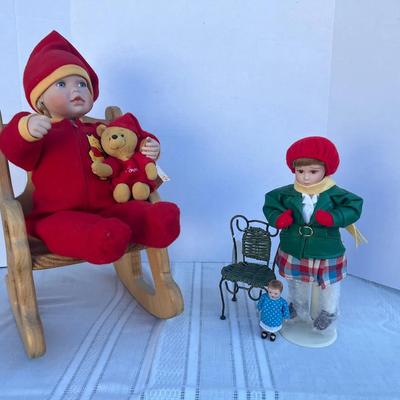 Disney Pooh Bear Doll & Plush, Wood Rocking Chair, Norman Rockwell Porcelain Dolls