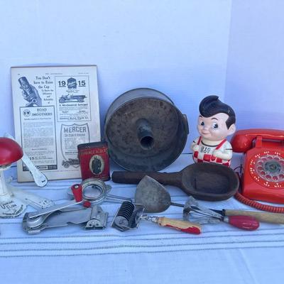 Vintage Kitchen Utensils, Rotary Dial Phone Orange, Big Boy Bank & more