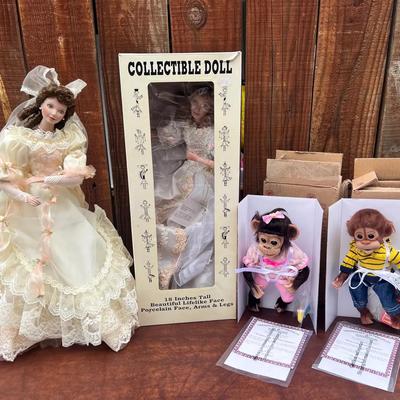 Ashton Drake Monkey Dolls, Franklin Mint Porcelain Lady Doll
