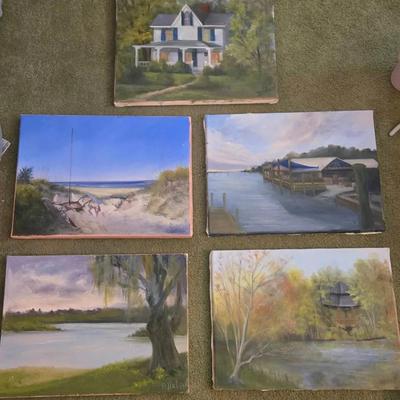 Water and Home Themed Original Oil Paintings, 5 Pieces