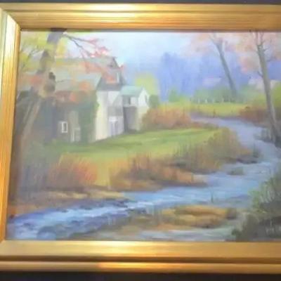 Stream and Garden Path Original Oil Paintings, 2 Pieces 