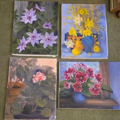 Monday Morning Flowers Original Oil Paintings, 4 Pieces