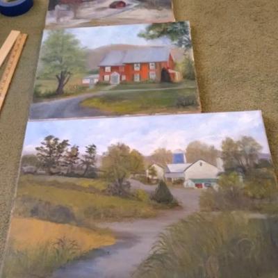 Red Home and Barn Original Oil Paintings, 3 Pieces 