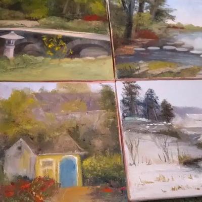 Cottages and Landscapes Original Oil Paintings, 4 Pieces
