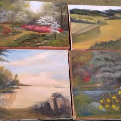 Water And Fields Original Oil Paintings, 4 Pieces 