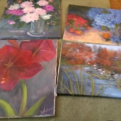 Floral Themed Original Oil Paintings, 4 Pieces
