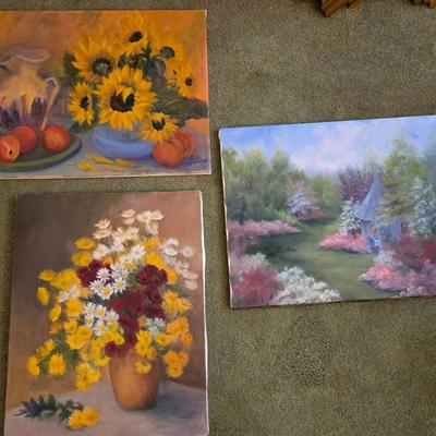 Floral Still Life and Landscape Original Oil Paintings, 3 Pieces 