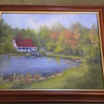 Lake House and Farms Original Oil Paintings, 3 Pieces
