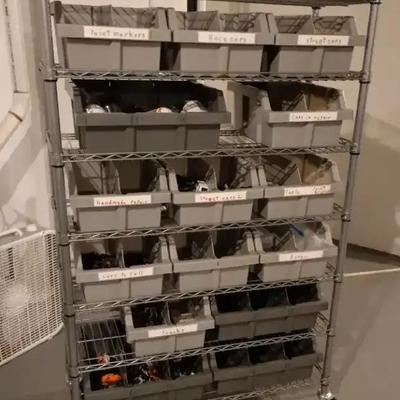 Metal Shelf Unit with Plastic Bins and Wheels