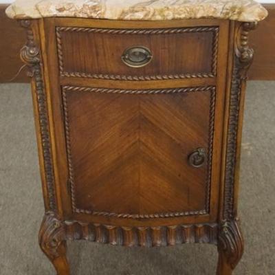 Sale Photo Thumbnail #207: 1207	WALNUT MARBLE TOP STAND HAVING 1 DRAWER AND 1 DOOR, APPROXIMATELY 19 IN X 15 IN X 30 IN H
