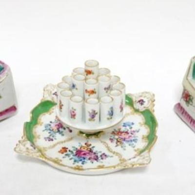 Sale Photo Thumbnail #45: 1045	VINTAGE *NAUGHTY NODDER* GIRL ASHTRAYS & DRESDEN CIGARRETTE HOLDER, ONE W/FAN MISSING, LARGEST APPROXIMATELY 6 IN X 3 IN X 6 IN
