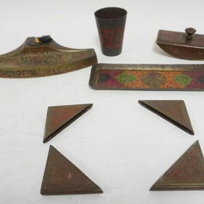 Sale Photo Thumbnail #8: 1008	BRASS DESK SET INCLUDING BLOTTER CORNERS, BLOTTER, PEN TRAY, PEN HOLDER & CUP, LARGEST PIECE APPROXIMTELY 10 IN X 5 IN X 1 IN HIGH

