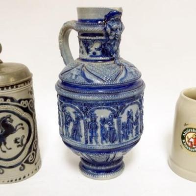 Sale Photo Thumbnail #46: 1046	GERMAN STONEWARE PITCHER, PEWTER LID STEIN & STONEWARE MUG, TALLEST PIECE APPROXIMATELY 10 1/2 IN HIGH
