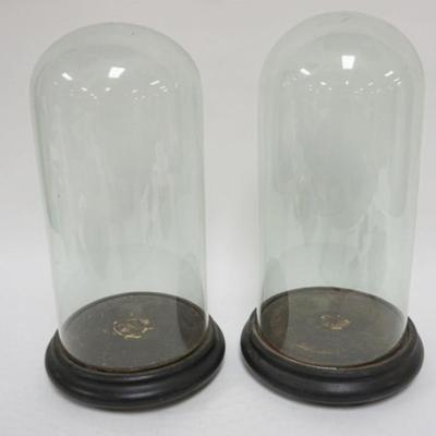 Sale Photo Thumbnail #31: 1031	PAIR OF ANTIQUE GLASS DOMES ON WOOD BASES, EACH APPROXIMATELY 8 IN X 14 1/2 IN HIGH OVERALL, INNER DIMENSION OF DOME APPROXIMATELY 6 1/2 IN X 12 1/2 IN
