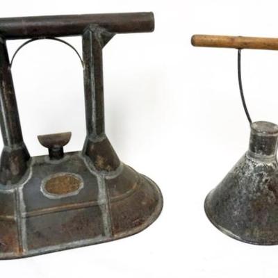 Sale Photo Thumbnail #110: 1110	2 PRIMITIVE TIN CLOTHES WASHER HAND PLUNGERS, 1 MARKED *THE PERFECT CLOTHES WASHER*, LARGEST APPROXIMATELY 15 IN X 9 IN X 14 IN H

