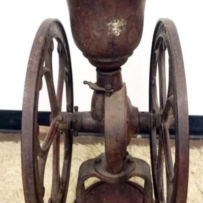 Sale Photo Thumbnail #135: 1135	LARGE ANTIQUE ELGIN NATIONAL DOUBLE WHEEL COFFEE GRINDER, APPROXIMATELY 14 IN X 20 IN X 52 IN
