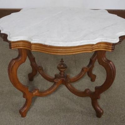 Sale Photo Thumbnail #209: 1209	WALNUT VICTORIAN MARBLE TURTLE TOP TABLE, APPROXIMATELY 40 IN X 29 IN X 29 IN H
