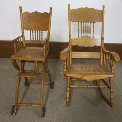 Sale Photo Thumbnail #183: 1183	PRESSD OAK ROCKER AND PRESSED OAK HIGH CHAIR STROLLER, LOSS TO ROCKER CANE SEAT
